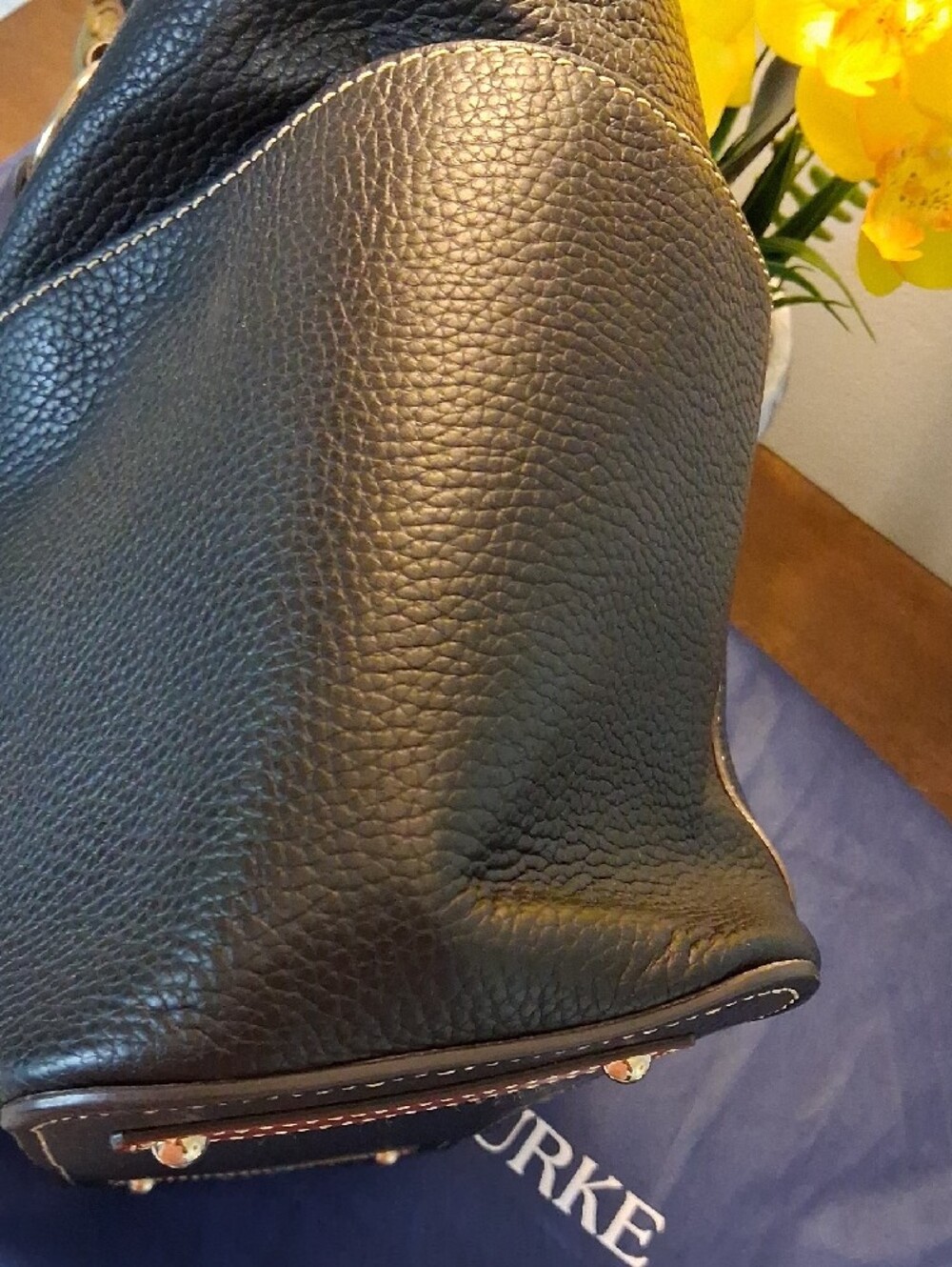 Dooney & Bourke Black Pebble Leather Tote with Brown Trim and Straps - Picture 6 of 16